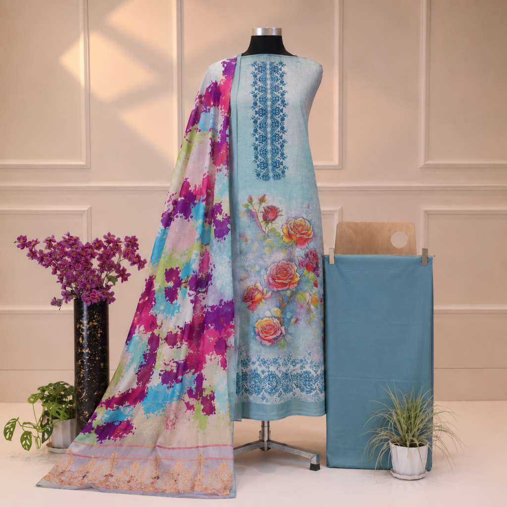 Azure Rose Elegance – Premium Women’s 3 Piece Unstitched Suit