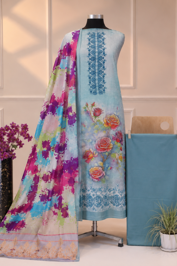 Azure Rose Elegance – Premium Women’s 3 Piece Unstitched Suit
