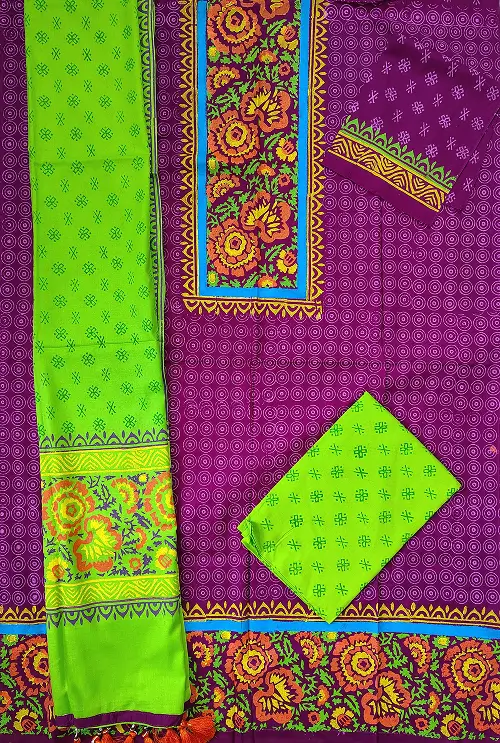 Vibrant Purple Green Cotton Three-Piece