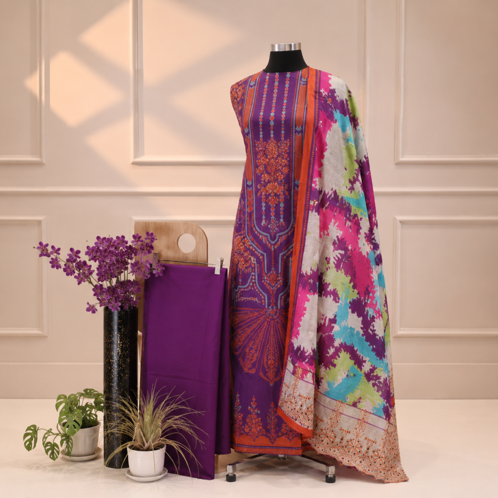 Purple Floral Printed Unstitched 3 Piece
