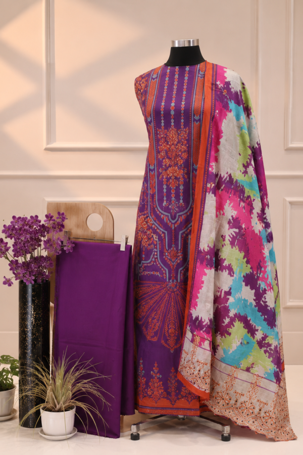 Purple Floral Printed Unstitched 3 Piece