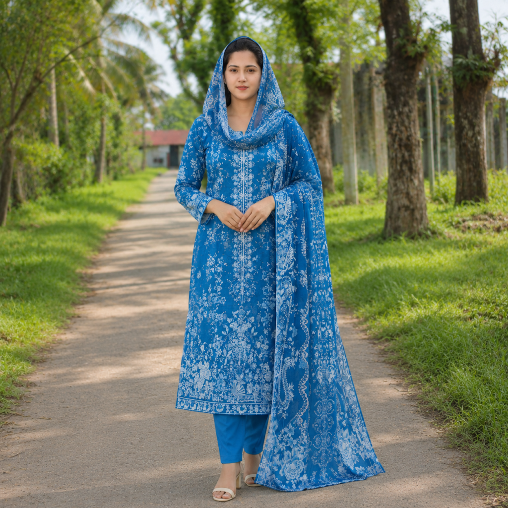 Azure Bloom Printed Unstitched Three Piece Set for Women