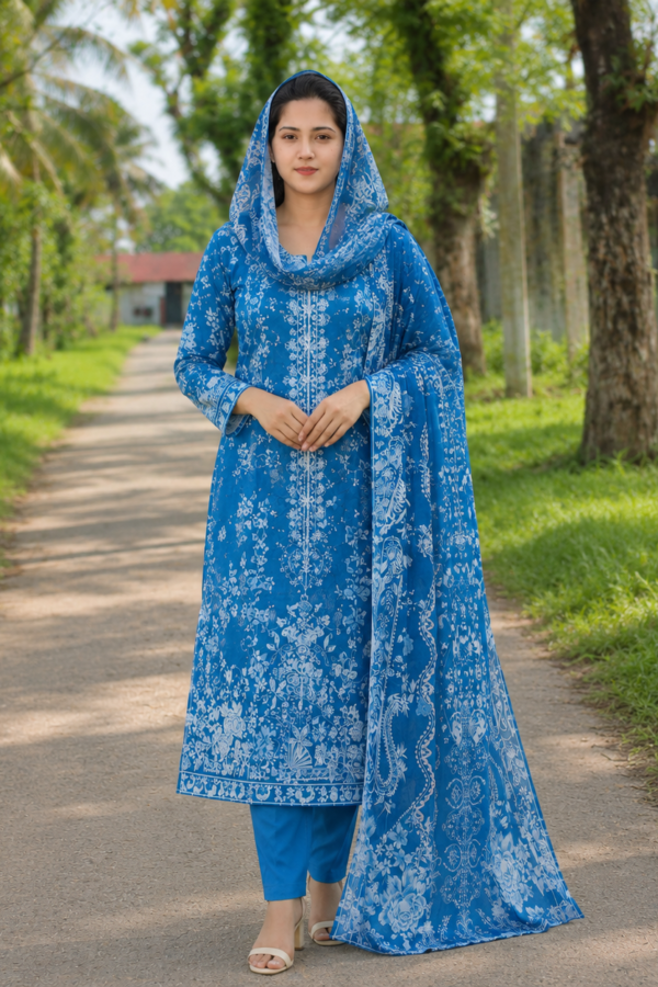 Azure Bloom Printed Unstitched Three Piece Set for Women
