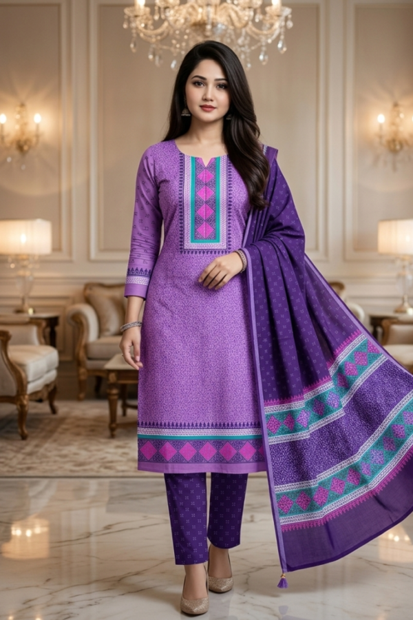 Opulent Lavender and Royal Purple Geometric 3-Piece Salwar Kameez Set