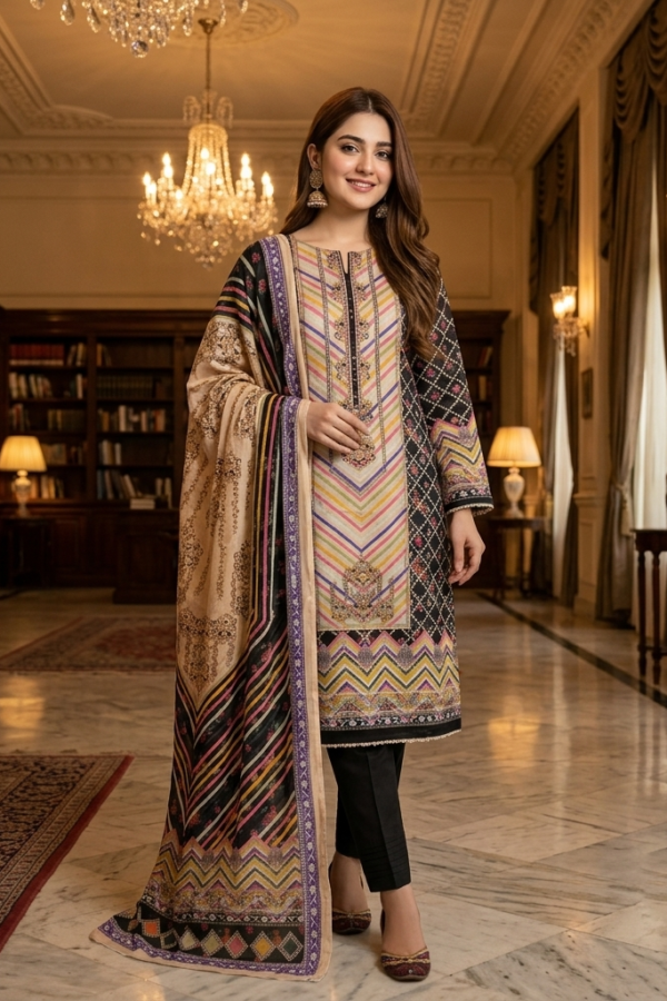 Premium Lawn Unstitched 3-Piece Printed Dress – Elegant Multi-Color Collection