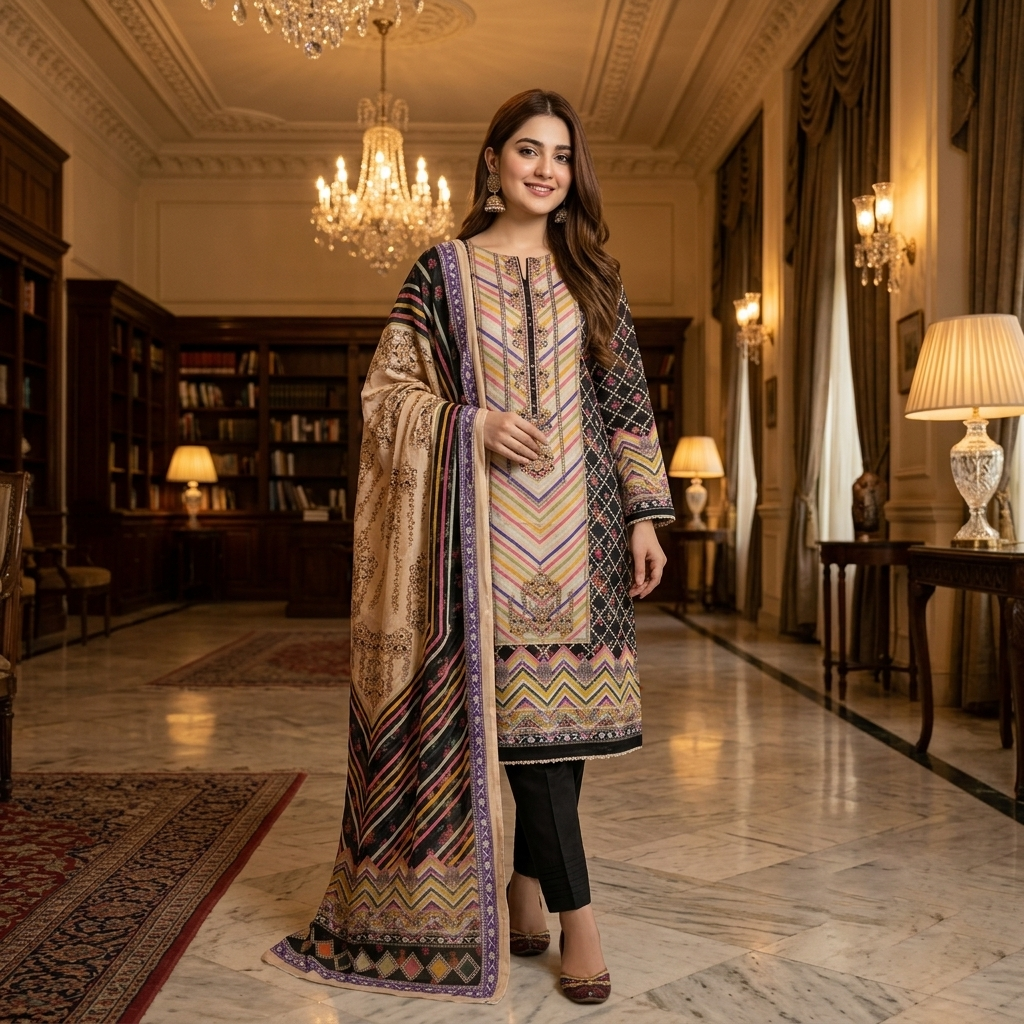 Premium Lawn Unstitched 3-Piece Printed Dress – Elegant Multi-Color Collection