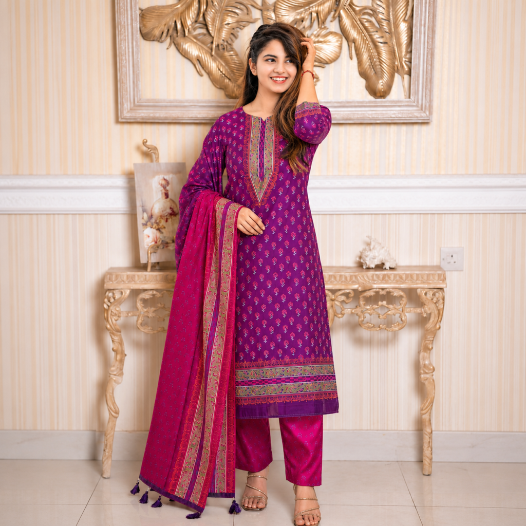 Purple & Pink 4 Piece Unstitched Printed Salwar Kameez