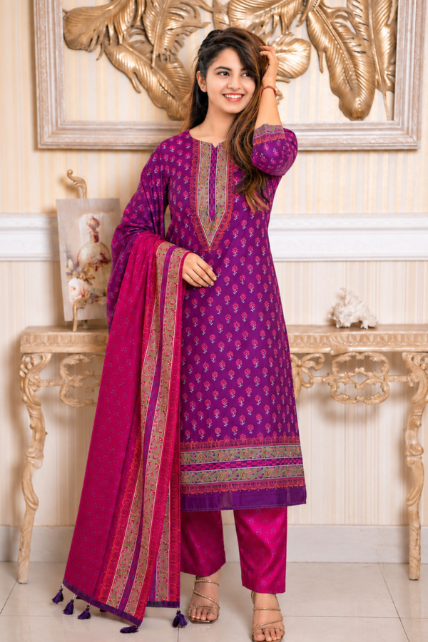 Purple & Pink 4 Piece Unstitched Printed Salwar Kameez