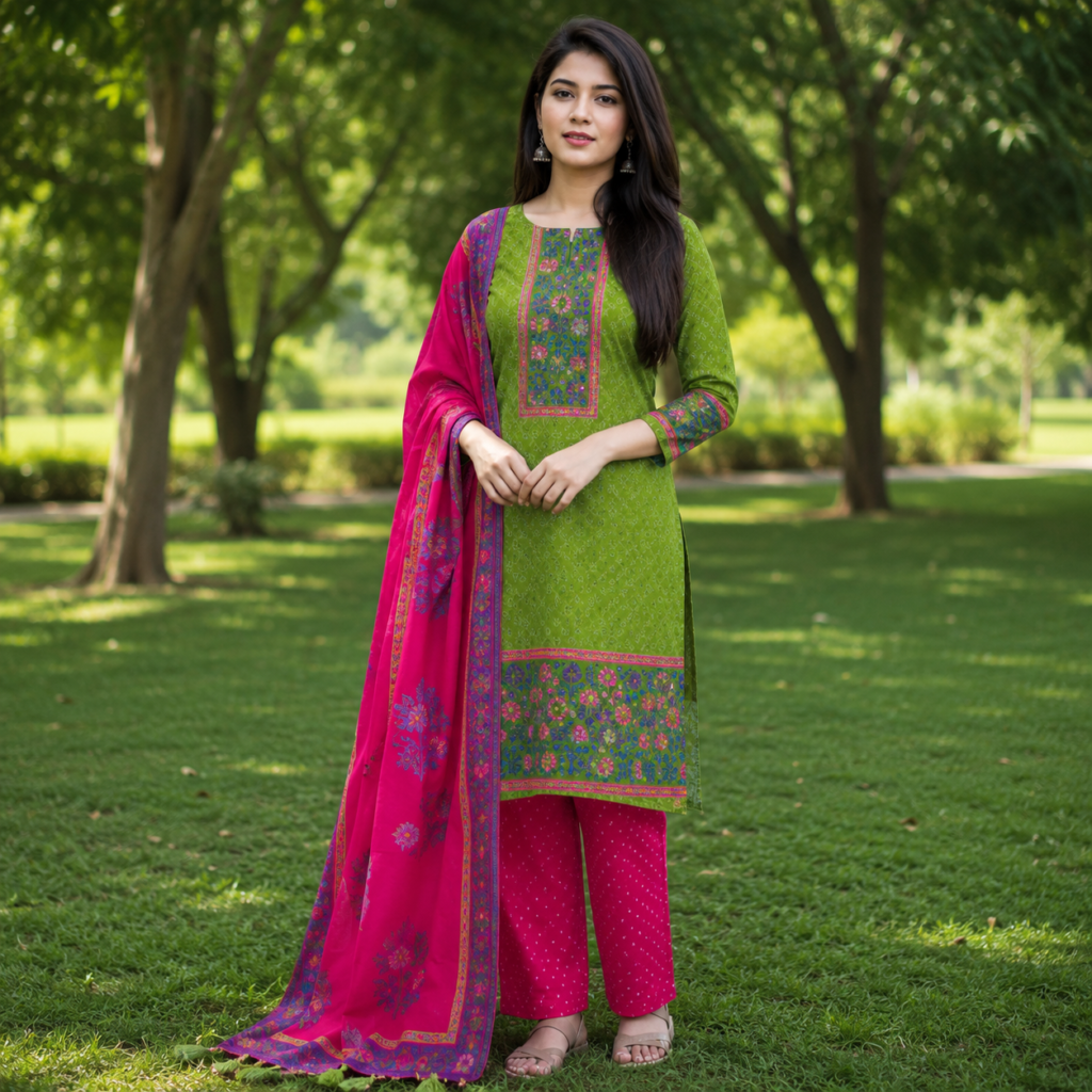 Unstitched 4 Piece Printed Dress Set – Green & Magenta Floral Collection