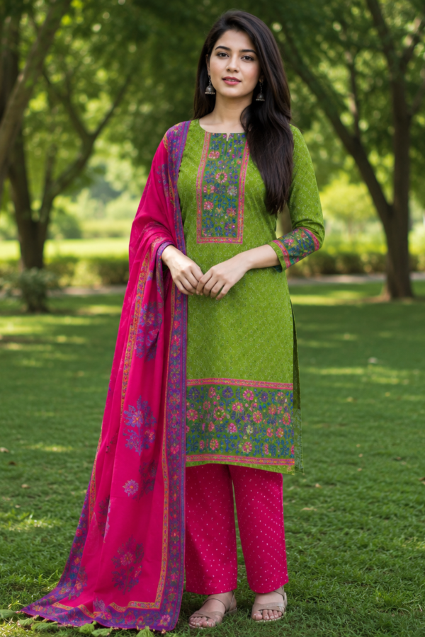 Unstitched 4 Piece Printed Dress Set – Green & Magenta Floral Collection