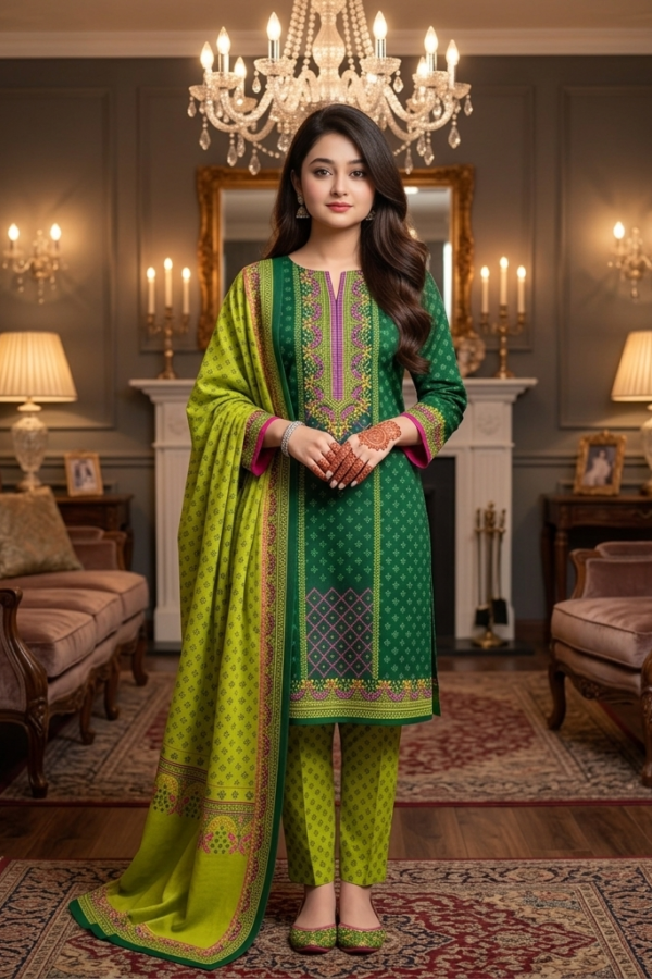 Women's Unstitched 3 Piece Printed Dress – Bottle Green & Lime Yellow Collection