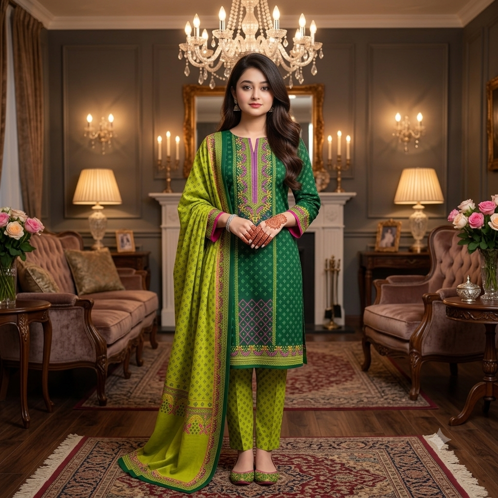 Women's Unstitched 3 Piece Printed Dress – Bottle Green & Lime Yellow Collection