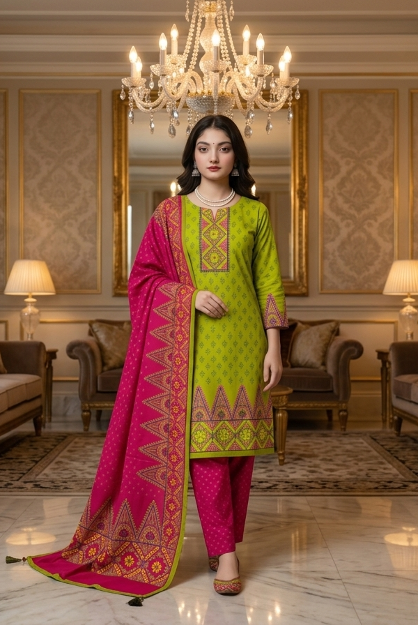 Women's Unstitched 3 Piece Printed Dress – Lime Green & Fuchsia Pink Collection