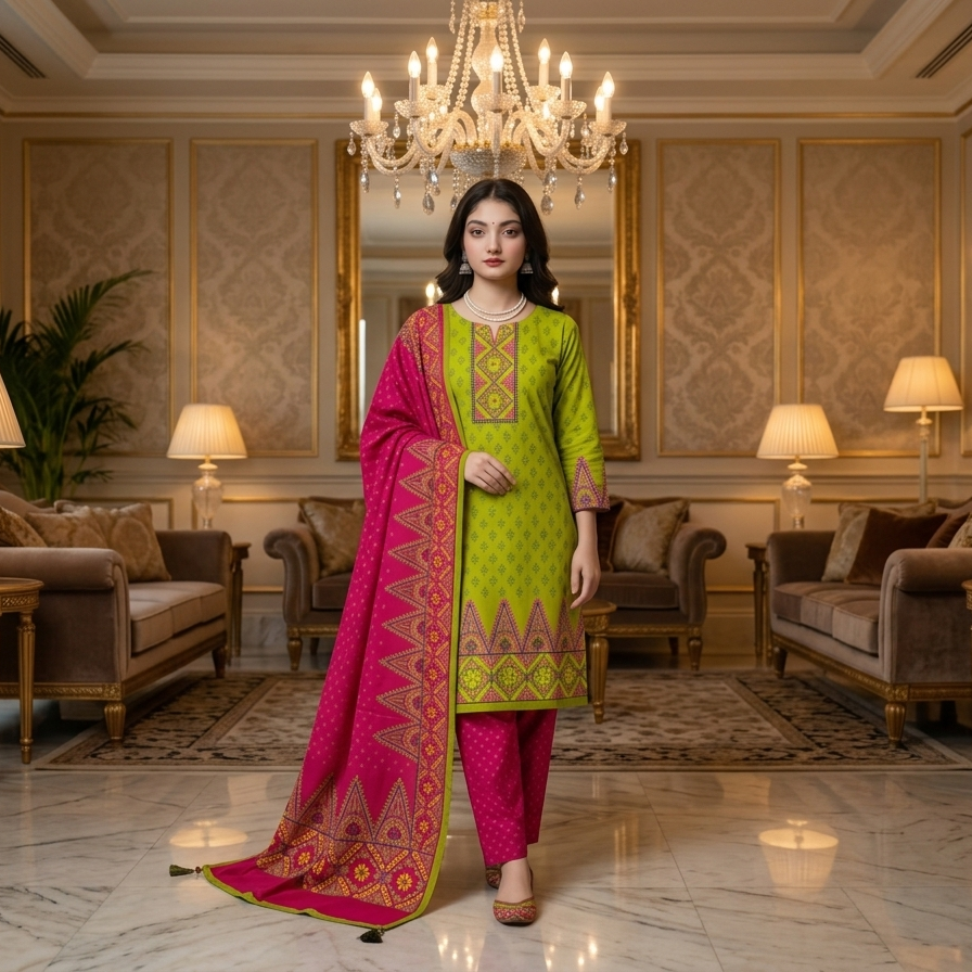 Women's Unstitched 3 Piece Printed Dress – Lime Green & Fuchsia Pink Collection