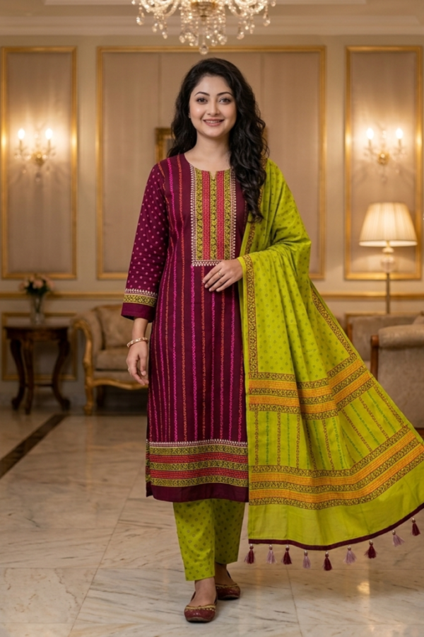 Women's Unstitched 3 Piece Printed Dress – Magenta & Lime Green Collection