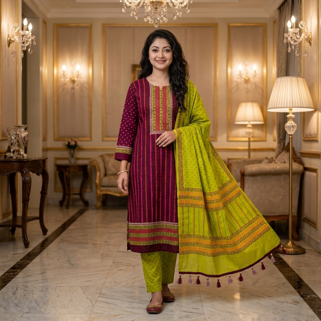 Women's Unstitched 3 Piece Printed Dress – Magenta & Lime Green Collection