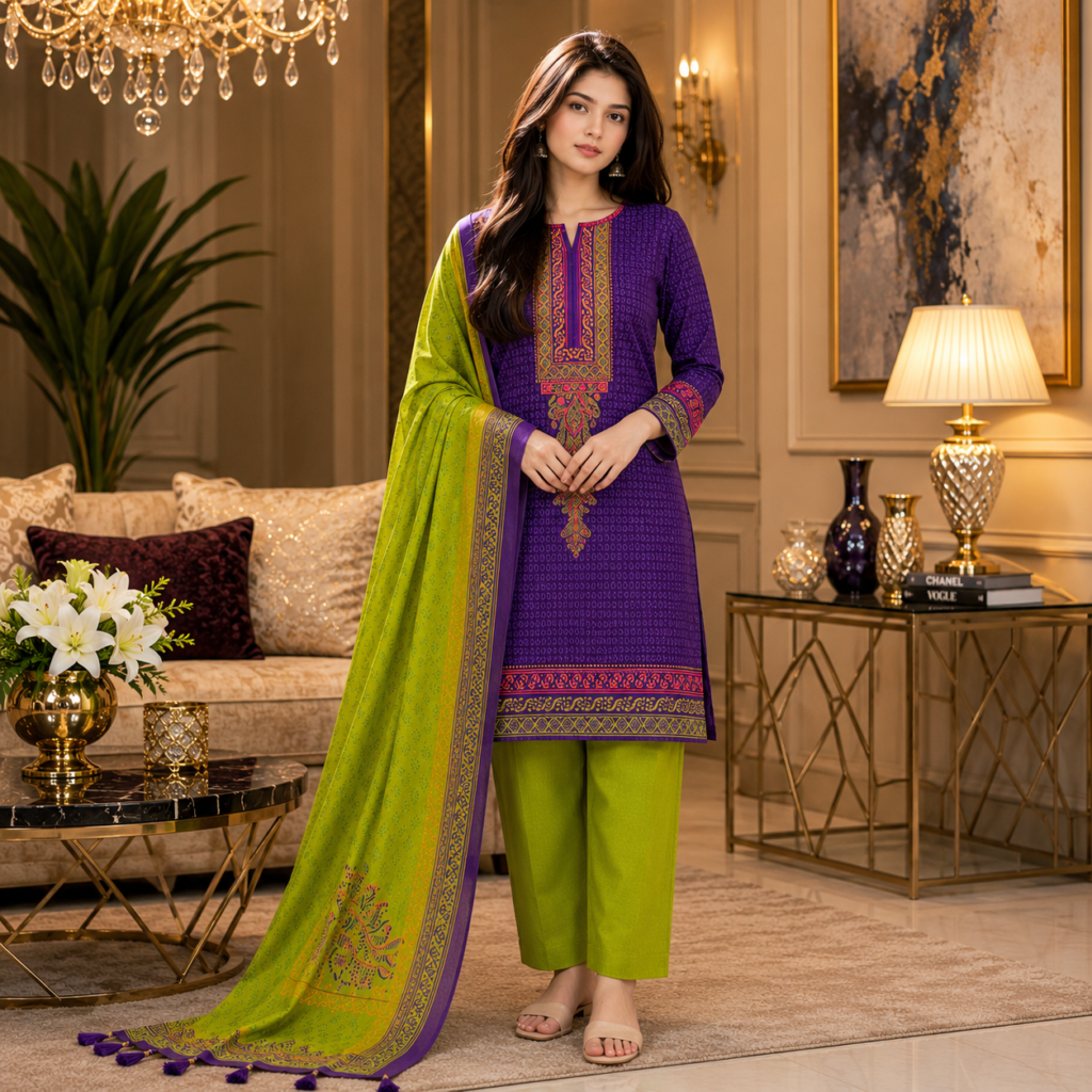 Women's Unstitched 3 Piece Printed Dress – Royal Purple & Lime Green Collection