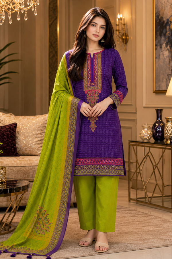 Women's Unstitched 3 Piece Printed Dress – Royal Purple & Lime Green Collection